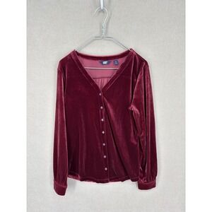Lands End Blouse Womens M Burgundy Velvet Button Up V-Neck Holiday